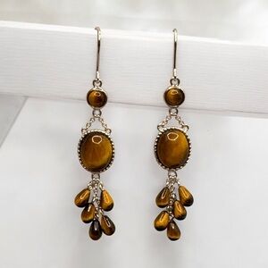 Sterling Silver‎ Tigers Eye Elongated Dangle Earrings Beaded .925 Brown Pierced